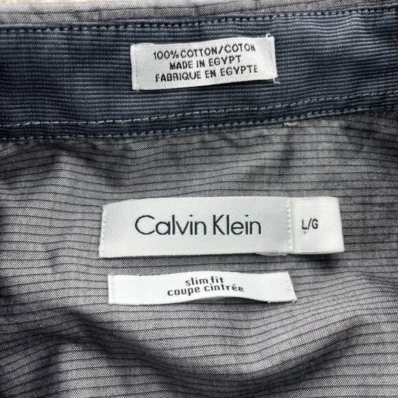 Calvin Klein Button Up Shirt Men Large L Slim Fit Gray Formal Dress Shirt Stripe - Picture 4 of 7
